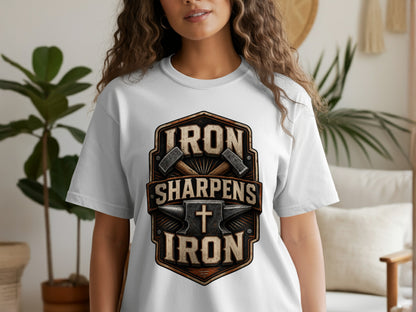 White T-shirt with a shield graphic containing hammers, anvil, cross, and text "IRON SHARPENS IRON".