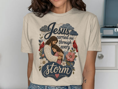 Jesus carried me through every storm design with two cardinals and flowers.