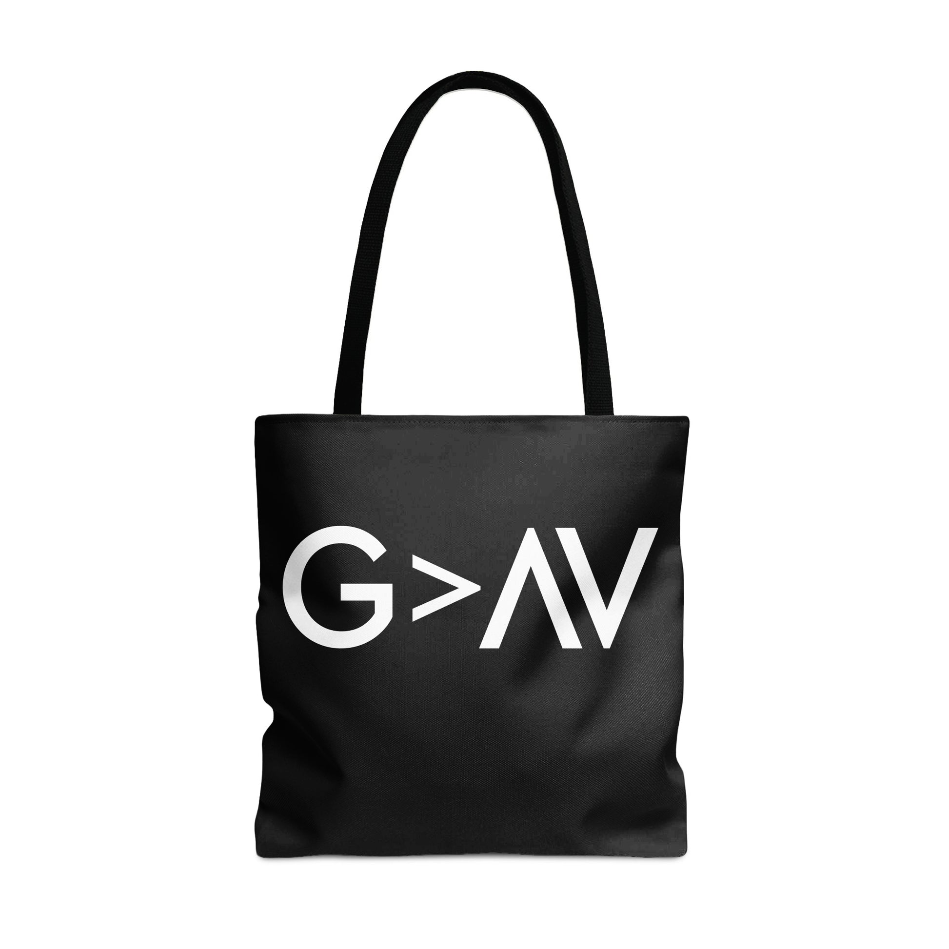 Black tote bag with white "G > AV" text and black straps.