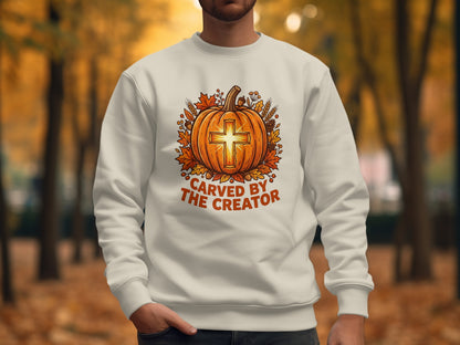 Cream sweatshirt with a glowing cross and autumn leaves design.