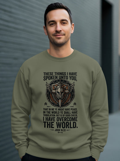 Olive sweatshirt with helmet, wings, and John 16:33 Bible verse.