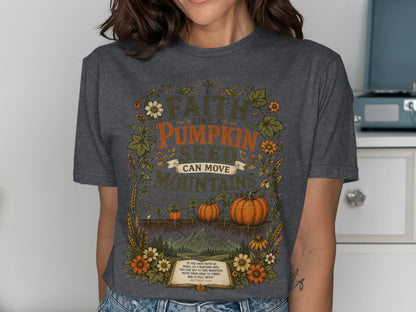 Faith like a pumpkin seed moves mountains t-shirt with floral and mountain design.