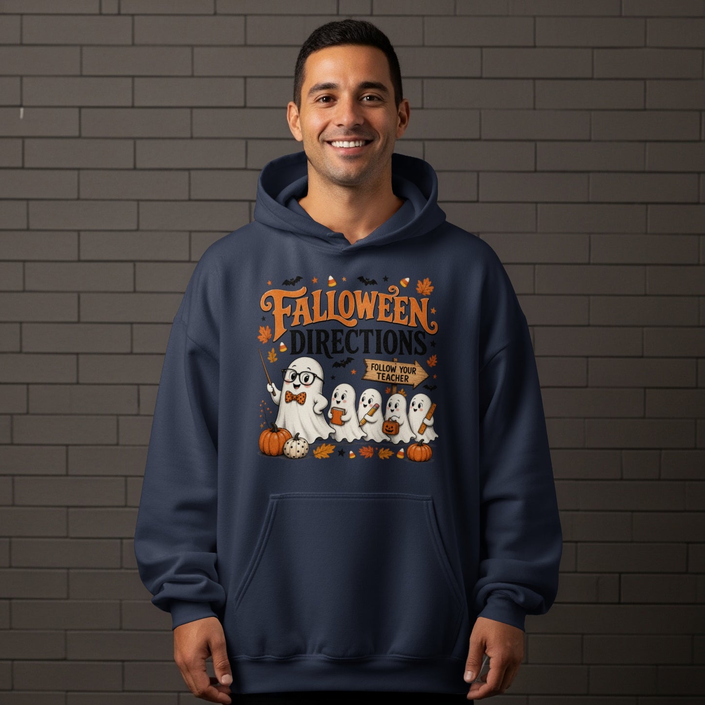 Navy hoodie with Halloween ghosts wearing glasses and holding books, reading "Falloween Directions".