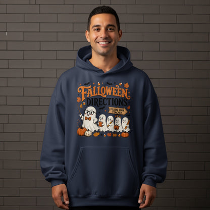 Navy hoodie with Halloween ghosts wearing glasses and holding books, reading "Falloween Directions".