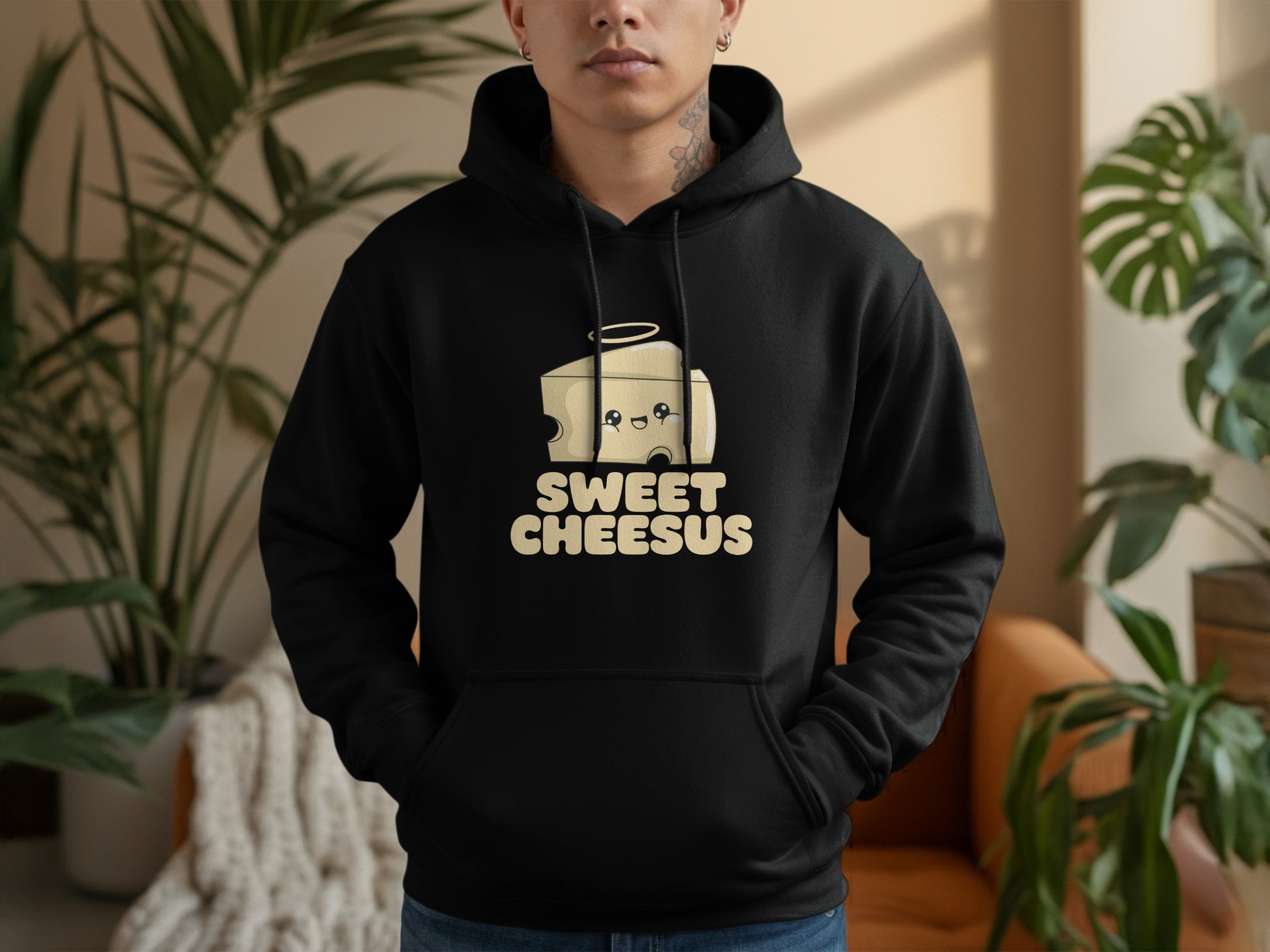 Black hoodie with a cartoon cheese slice graphic and text "SWEET CHEESUS".
