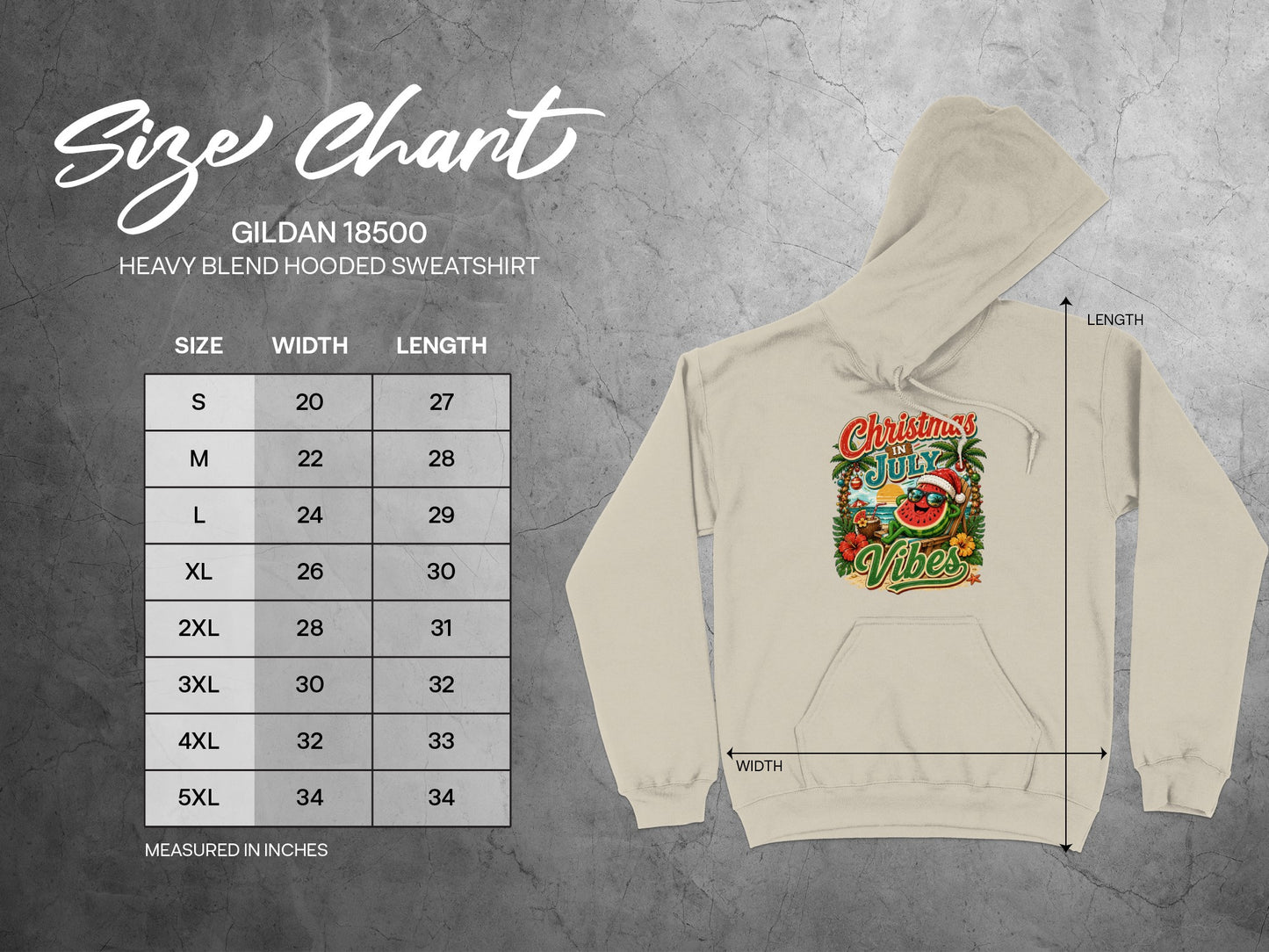 Gildan 18500 hoodie size chart with measurements for width and length.
