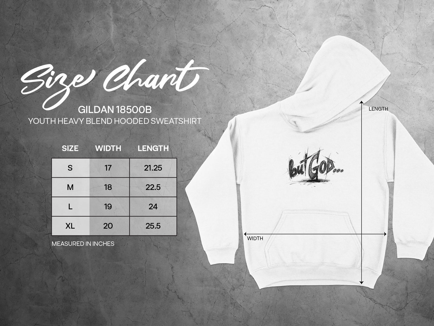 Size chart for Gildan 18500B youth hooded sweatshirt with measurements.