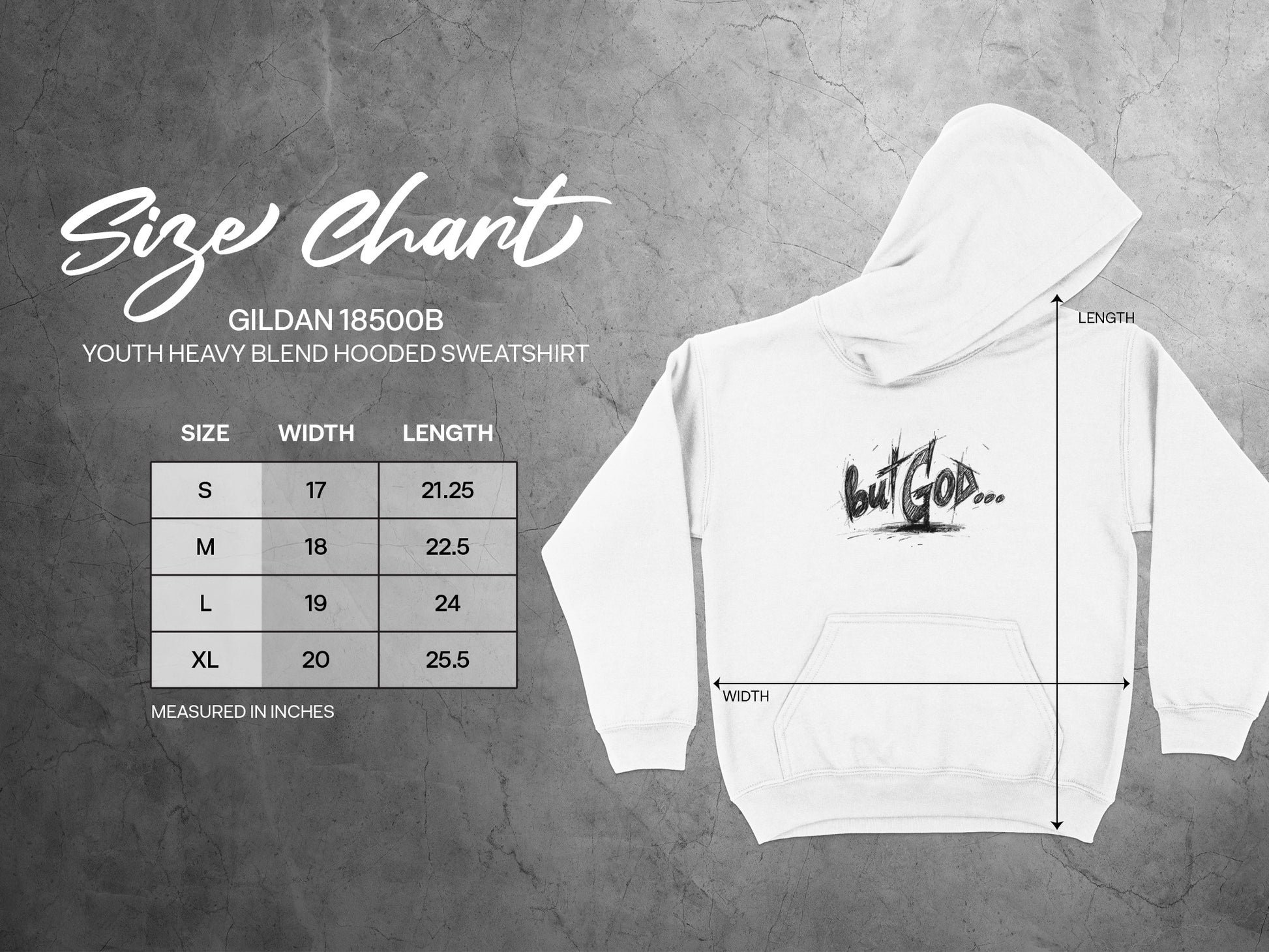 Size chart for Gildan 18500B youth hooded sweatshirt with measurements.