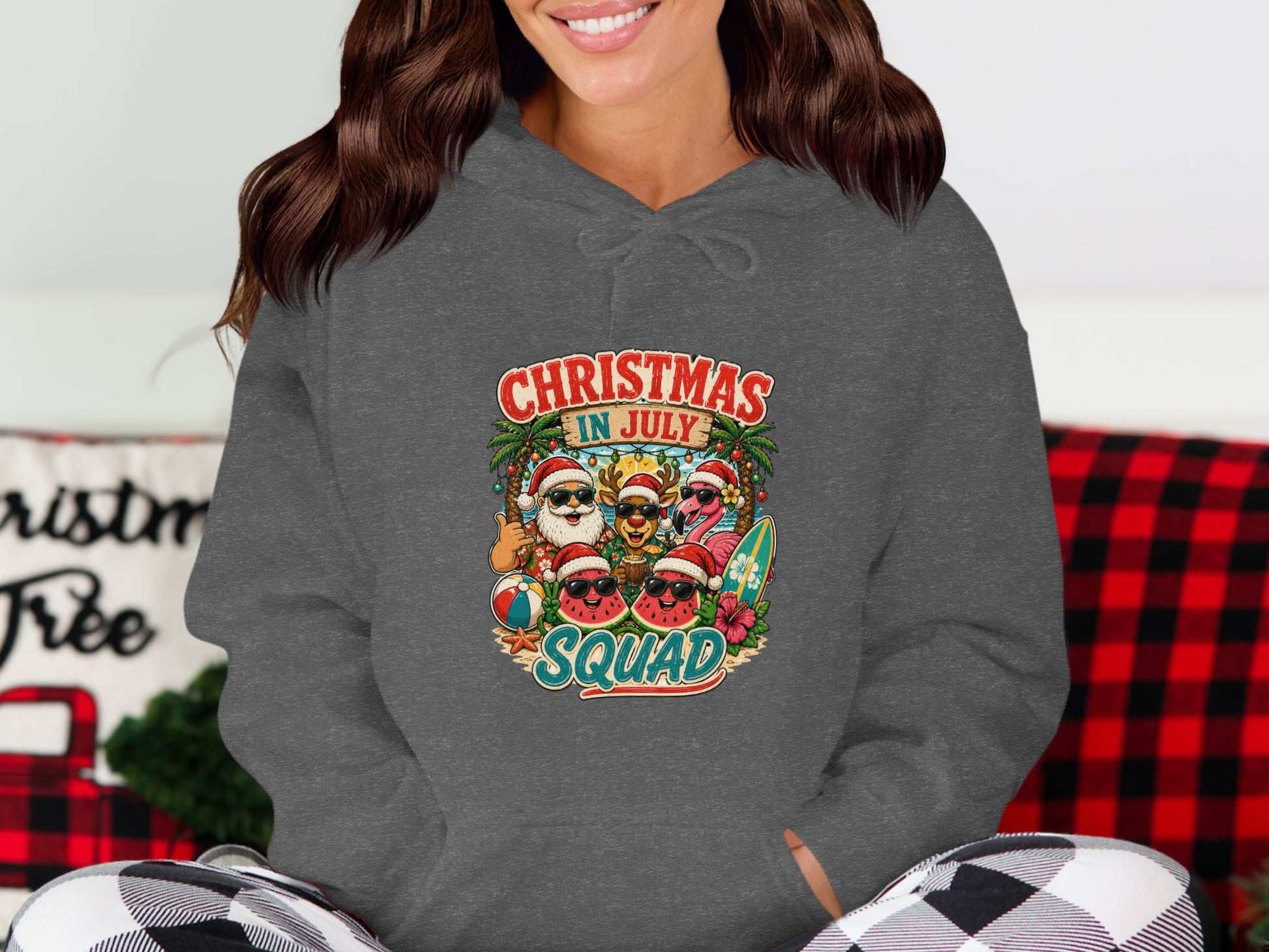 Christmas in July Squad graphic on a dark grey hoodie.