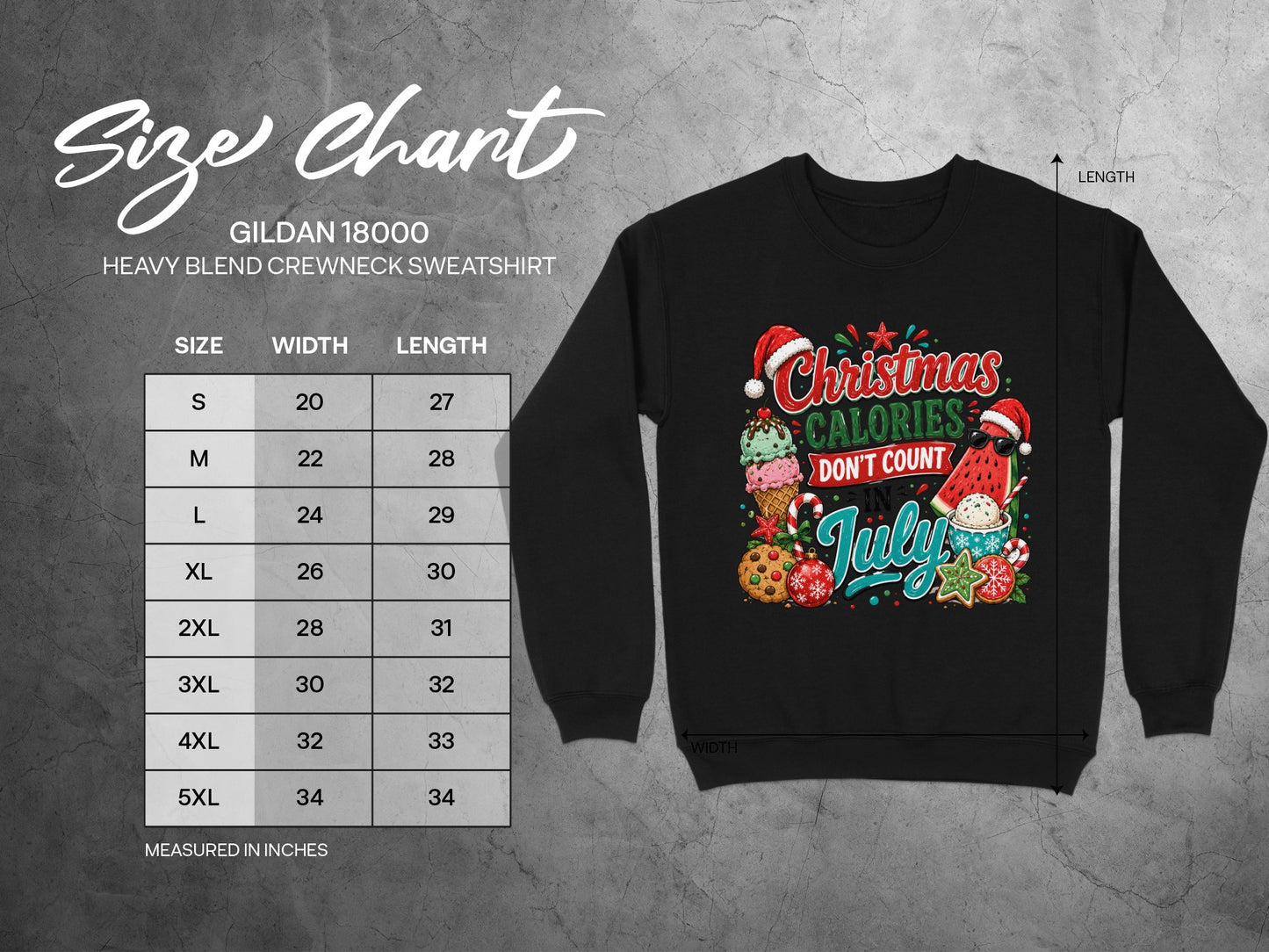 Gildan 18000 sweatshirt size chart with "Christmas Calories Don't Count" graphic.