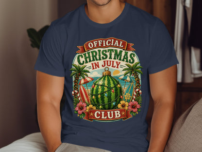 Navy t-shirt with "Official Christmas in July Club" text and tropical Christmas design.