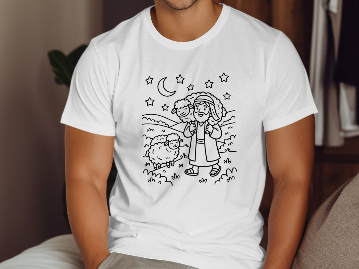 Line art drawing of a shepherd carrying a lamb with sheep and stars.