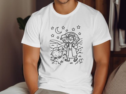 Line art drawing of a shepherd carrying a lamb with sheep and stars.