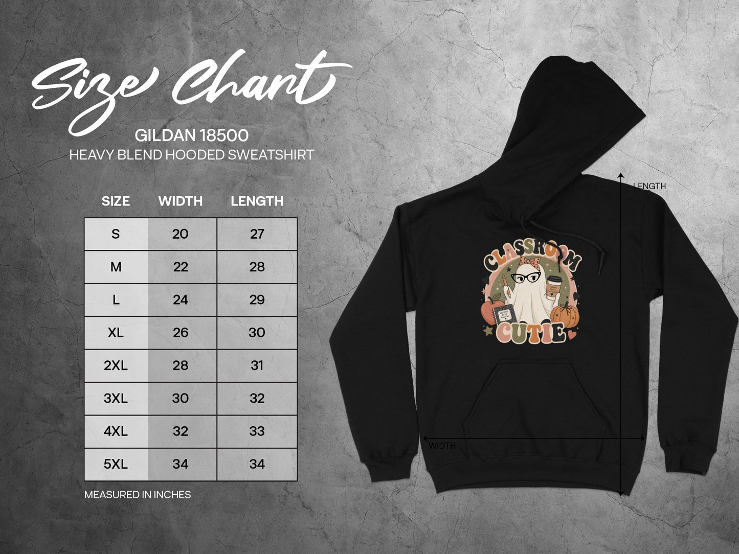 Gildan 18500 hooded sweatshirt size chart with width and length measurements.