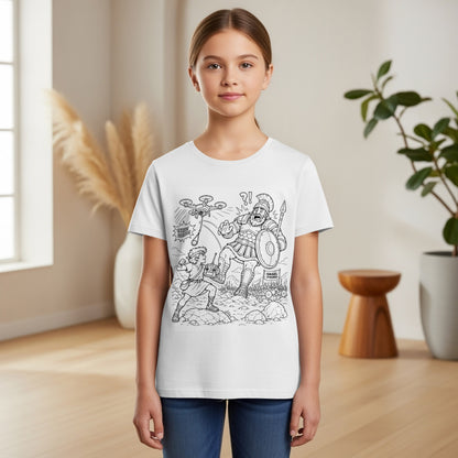 Children's t-shirt design depicting a cartoon soldier and drone battling a giant.