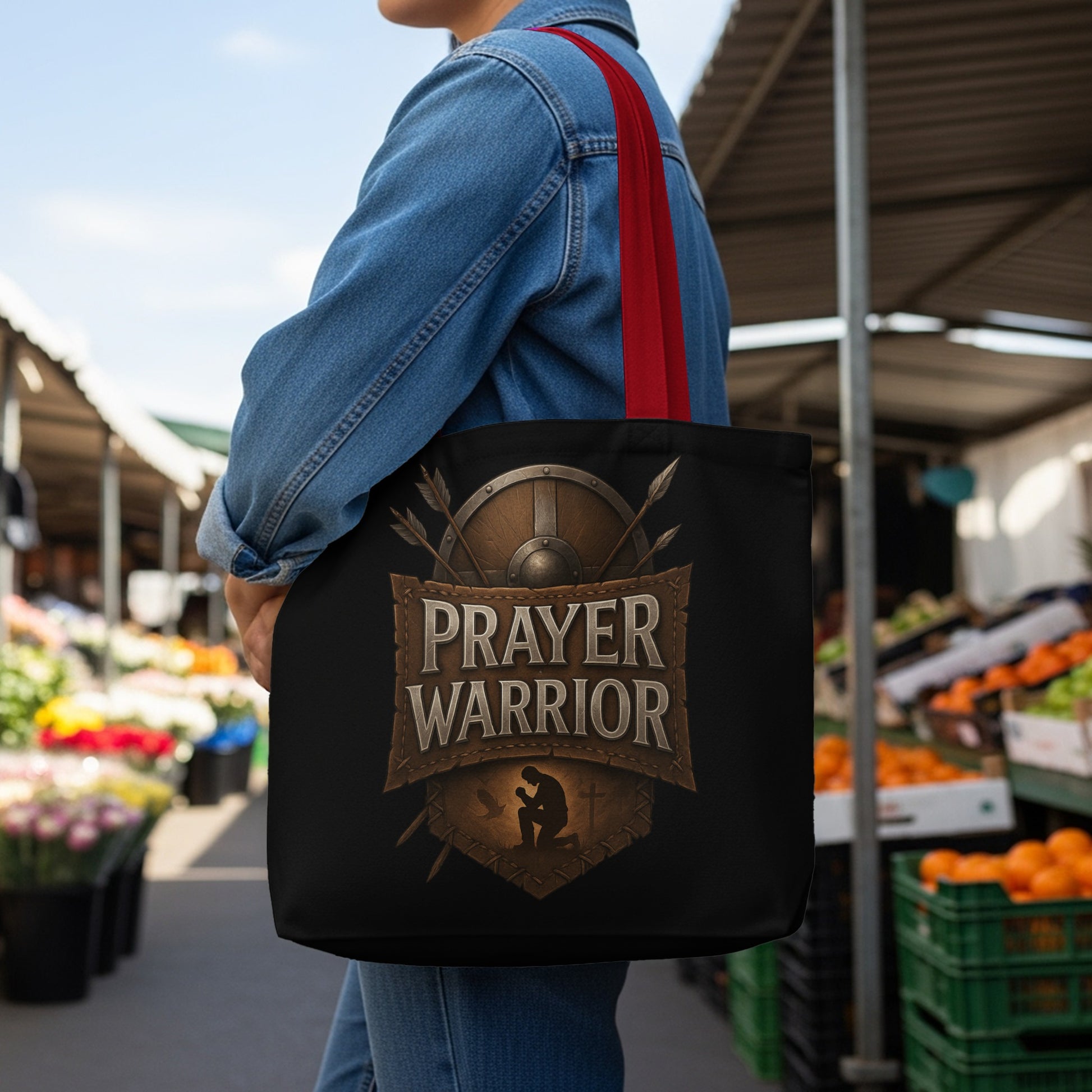 Black tote bag with "PRAYER WARRIOR" and kneeling silhouette design.