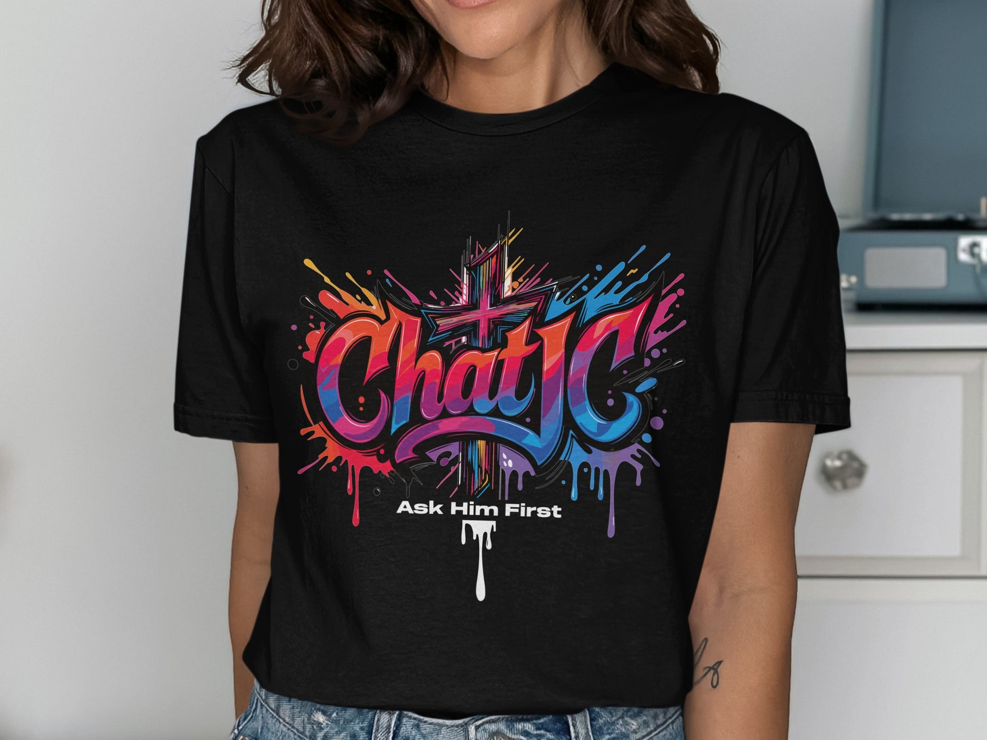 ChatJC Ask Him First Graffiti Style Cross Paint Splatter product type