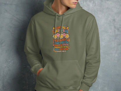 Olive green hoodie with colorful "Psalm 100:5" text and graphic.