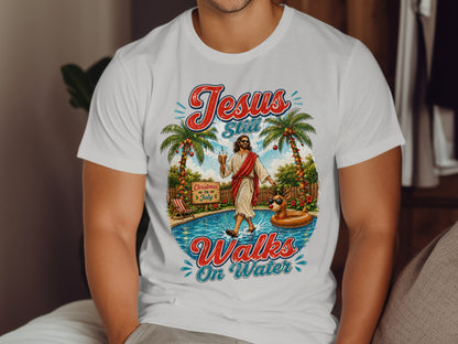 White t-shirt with "Jesus Still Walks On Water" graphic featuring Jesus by a pool.