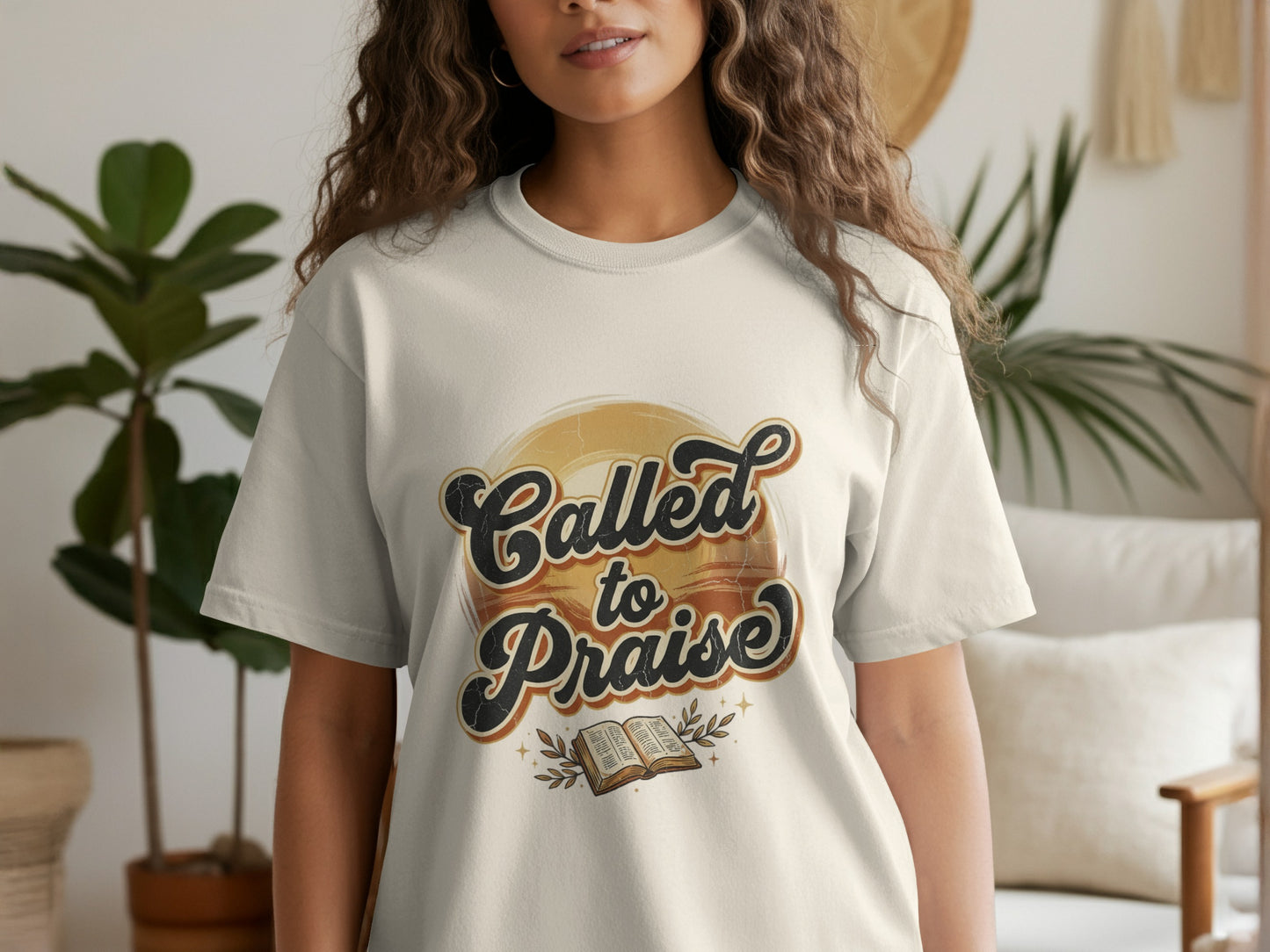 Cream t-shirt with "Called to Praise" text and an open book graphic.