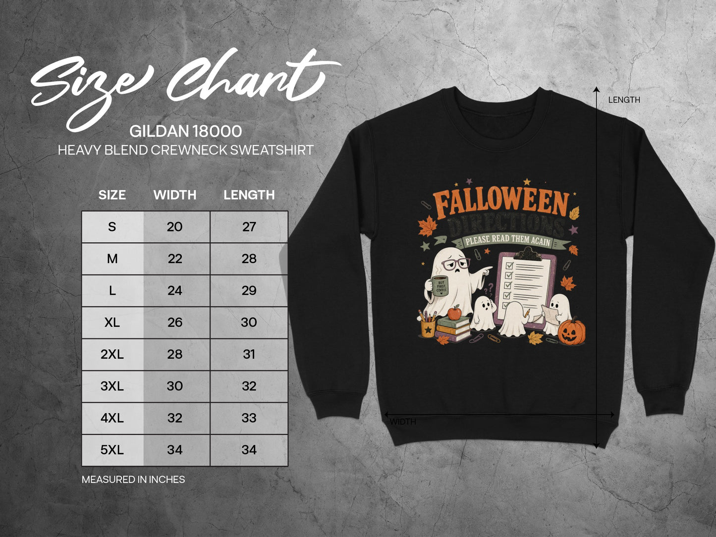 Gildan 18000 Heavy Blend crewneck sweatshirt size chart with width and length measurements.
