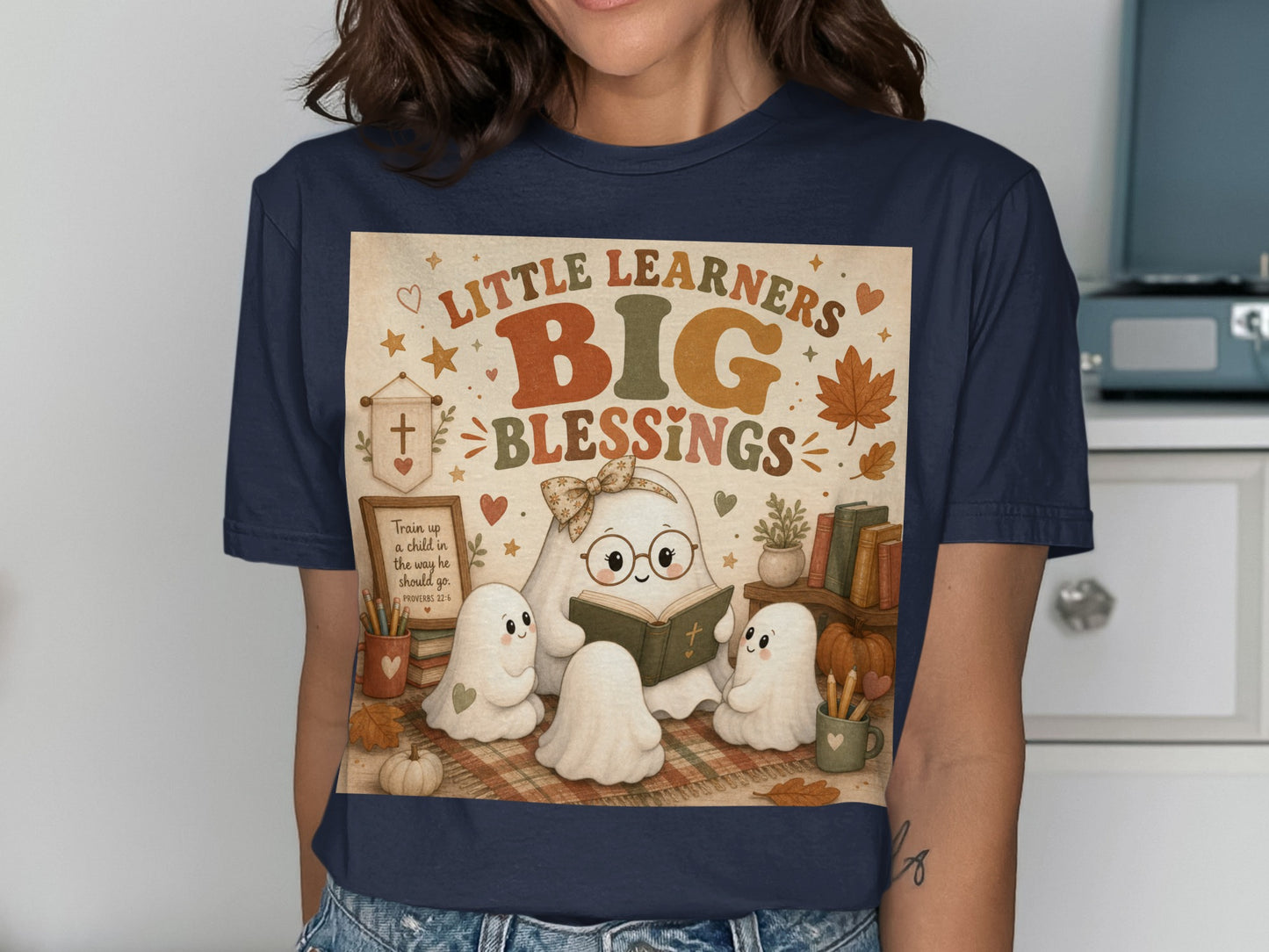 Ghosts reading with "Little Learners Big Blessings" text and Bible verse.