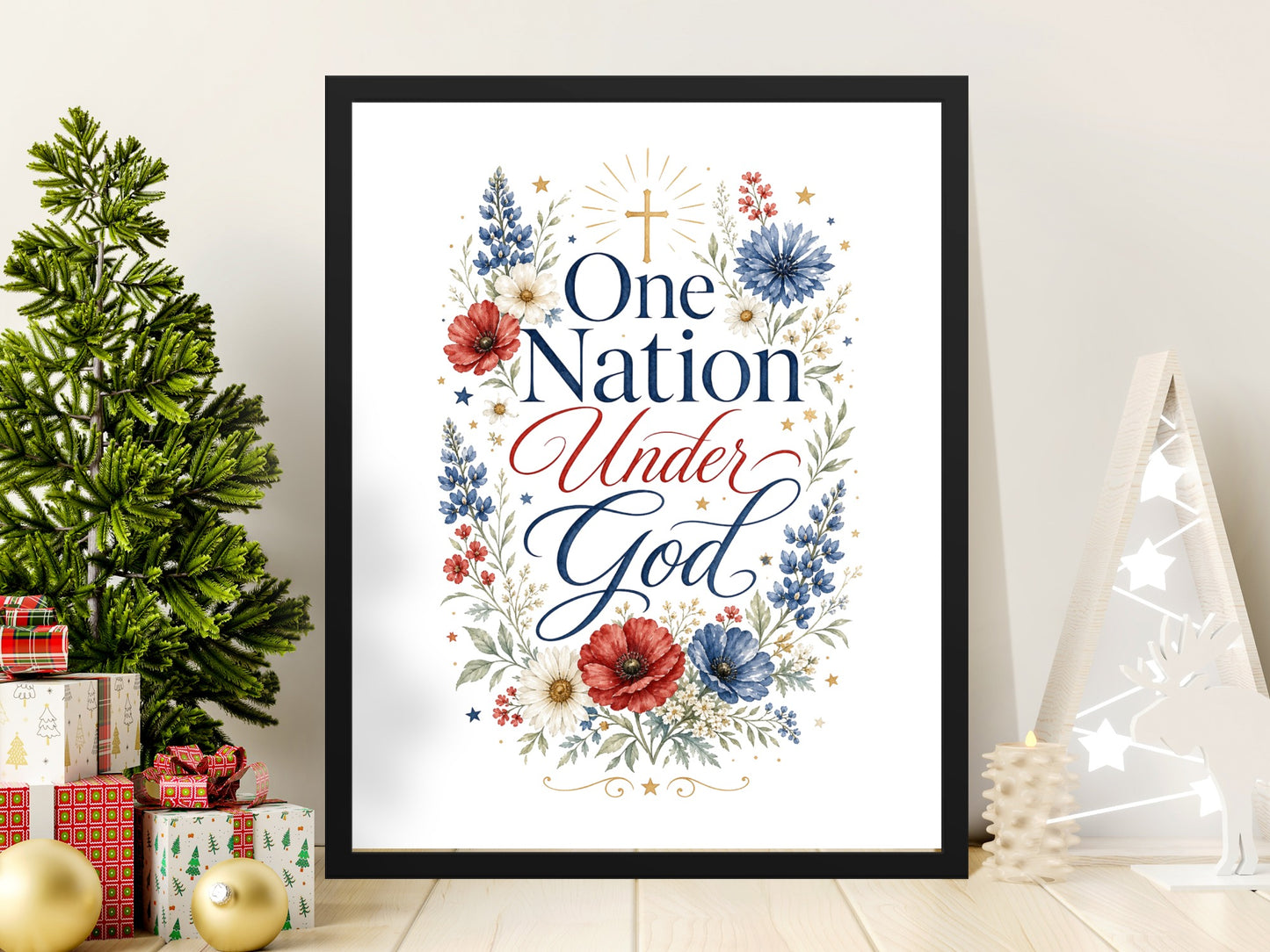 Framed print with text "One Nation Under God" surrounded by patriotic flowers.