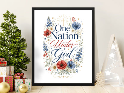 Framed print with text "One Nation Under God" surrounded by patriotic flowers.