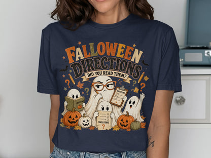 Halloween t-shirt with ghosts, pumpkins, and text "Falloween Directions Did You Read Them?"