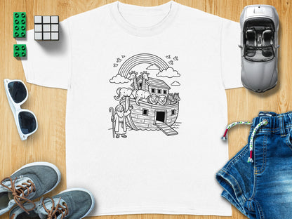 Noah's Ark with animals and rainbow design on a white t-shirt.