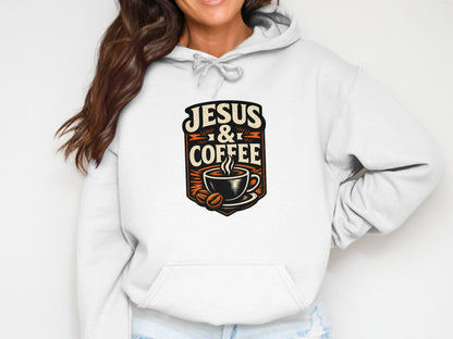 White hoodie with "Jesus & Coffee" logo featuring a coffee cup and beans.