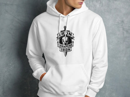 White hoodie with "Iron Sharpens Iron" shield and sword graphic.