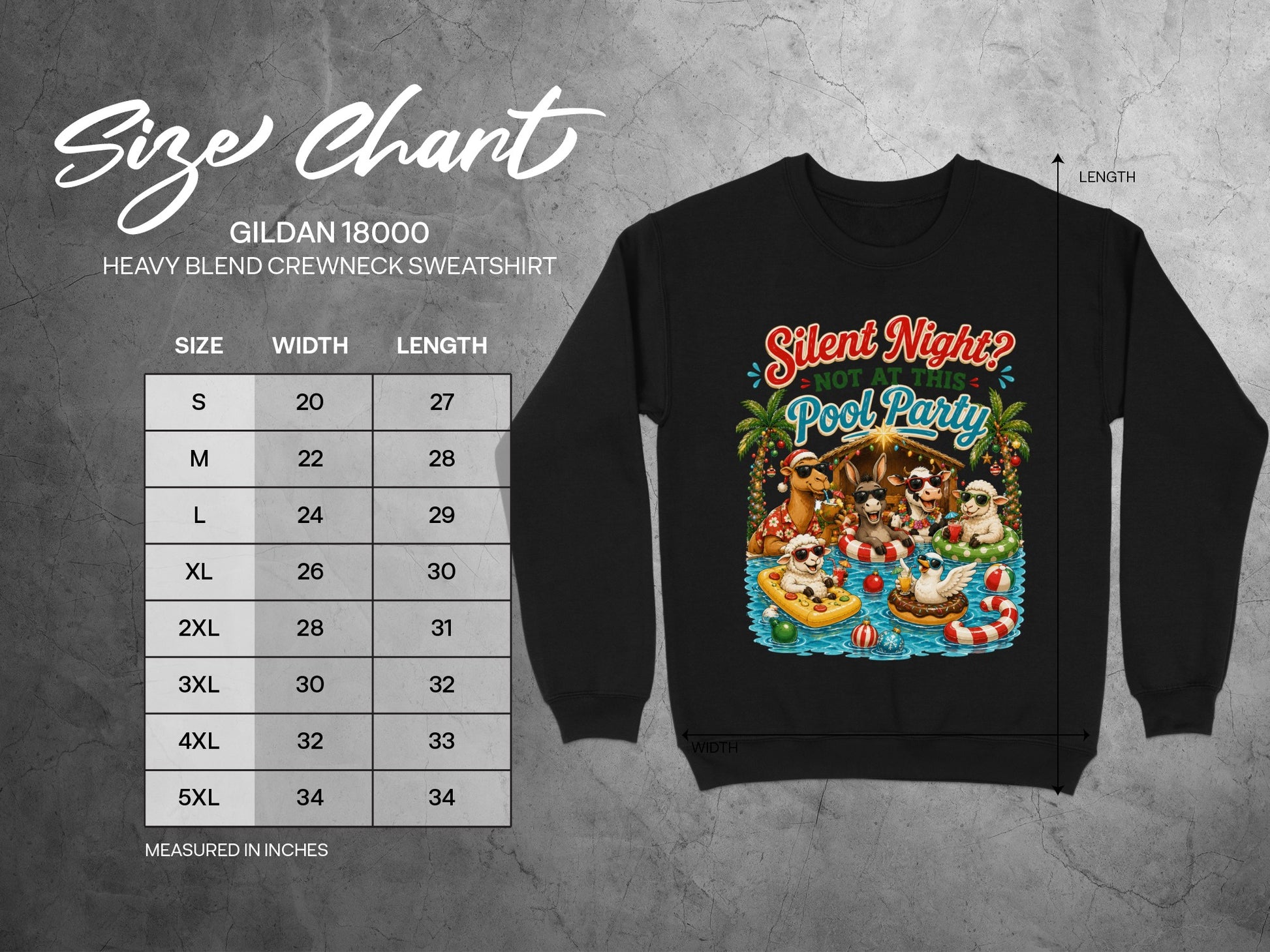 Gildan 18000 size chart for crewneck sweatshirt with festive pool party graphic.