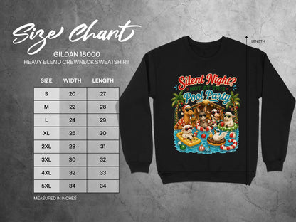Gildan 18000 size chart for crewneck sweatshirt with festive pool party graphic.