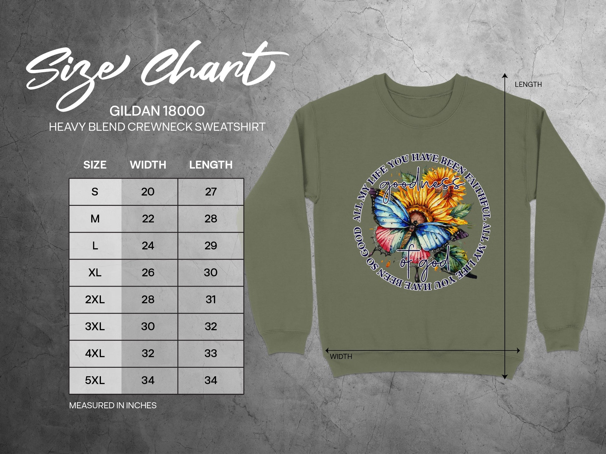 Gildan 18000 size chart with measurements for sweatshirt.