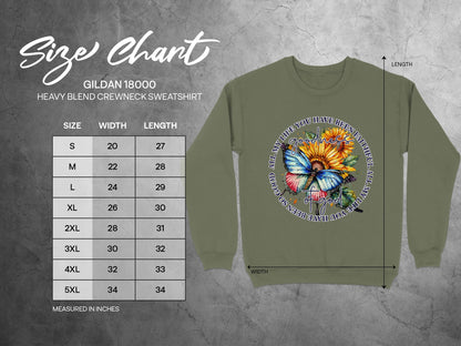 Gildan 18000 size chart with measurements for sweatshirt.