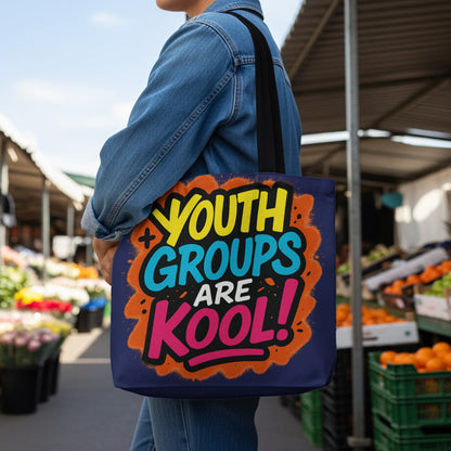 Navy tote bag with text "YOUTH GROUPS ARE KOOL!" in colorful graffiti-style lettering.