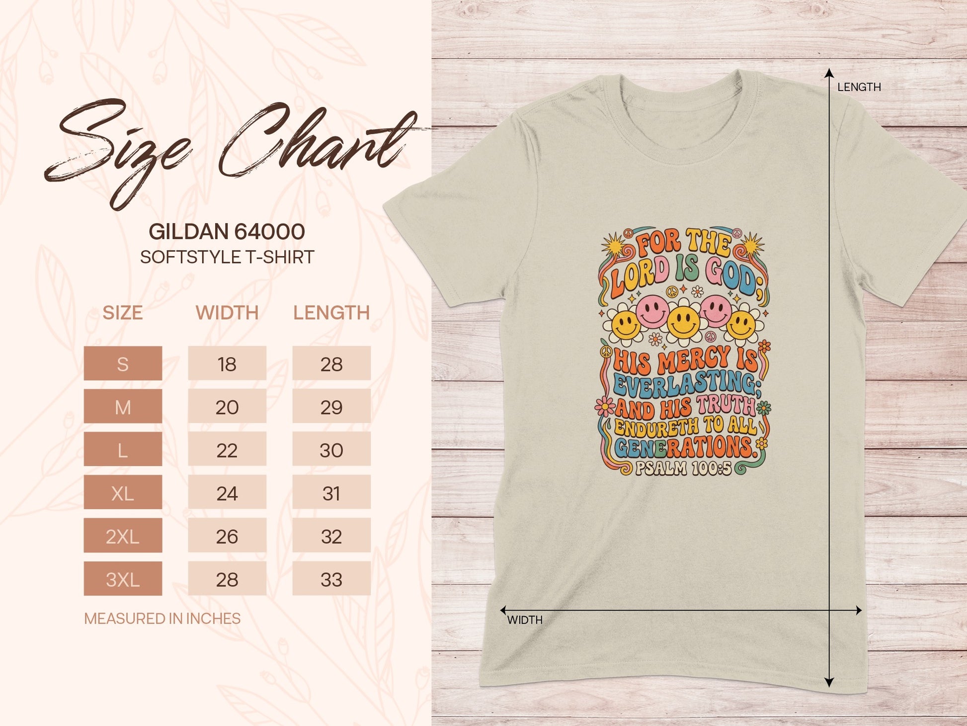 Gildan 64000 softstyle t-shirt size chart with shirt graphic.