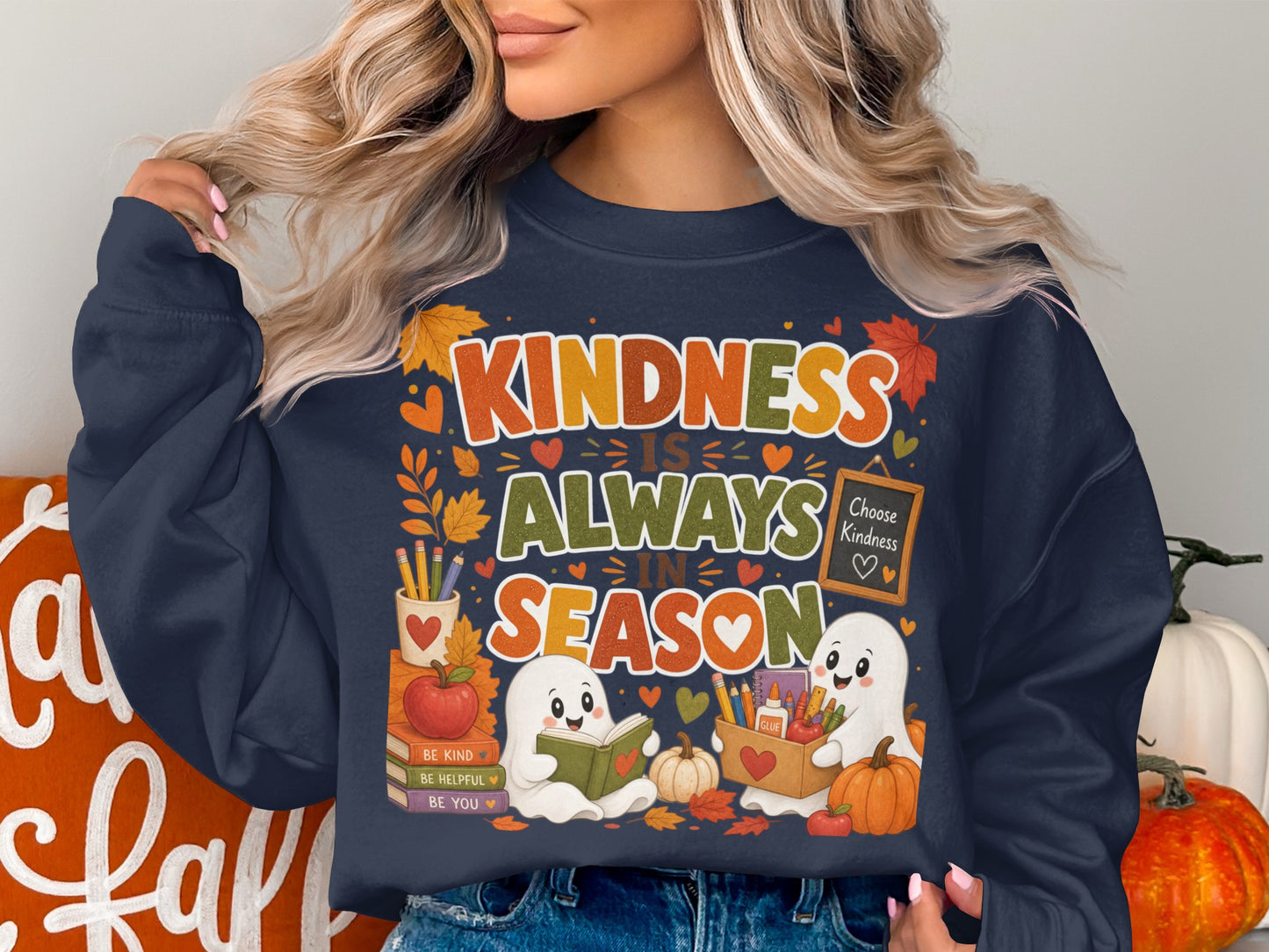 Kindness Is Always In Season text with cute ghosts, books, and pumpkins.