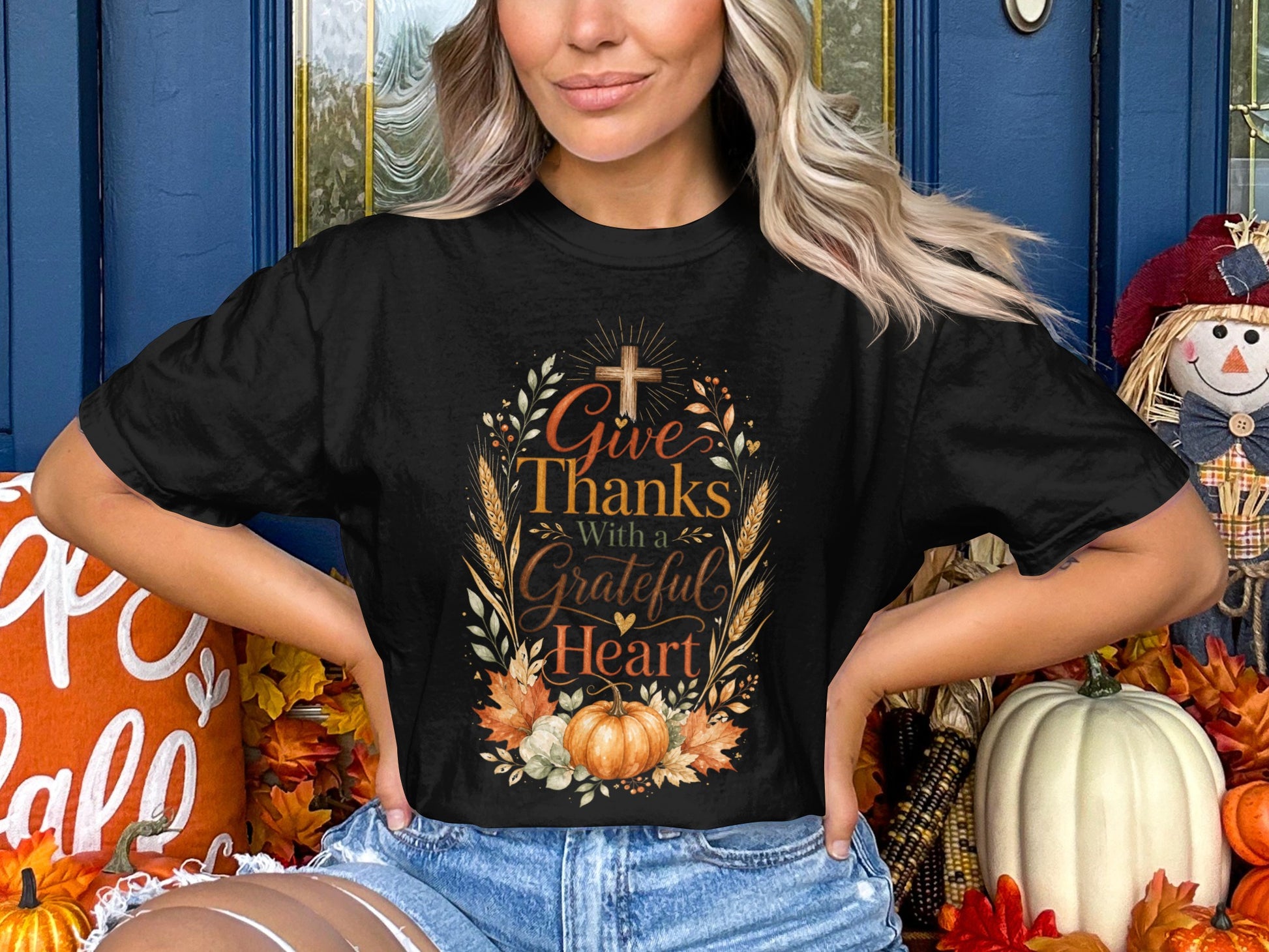 Black t-shirt with "Give Thanks With a Grateful Heart" text and floral pumpkin design.