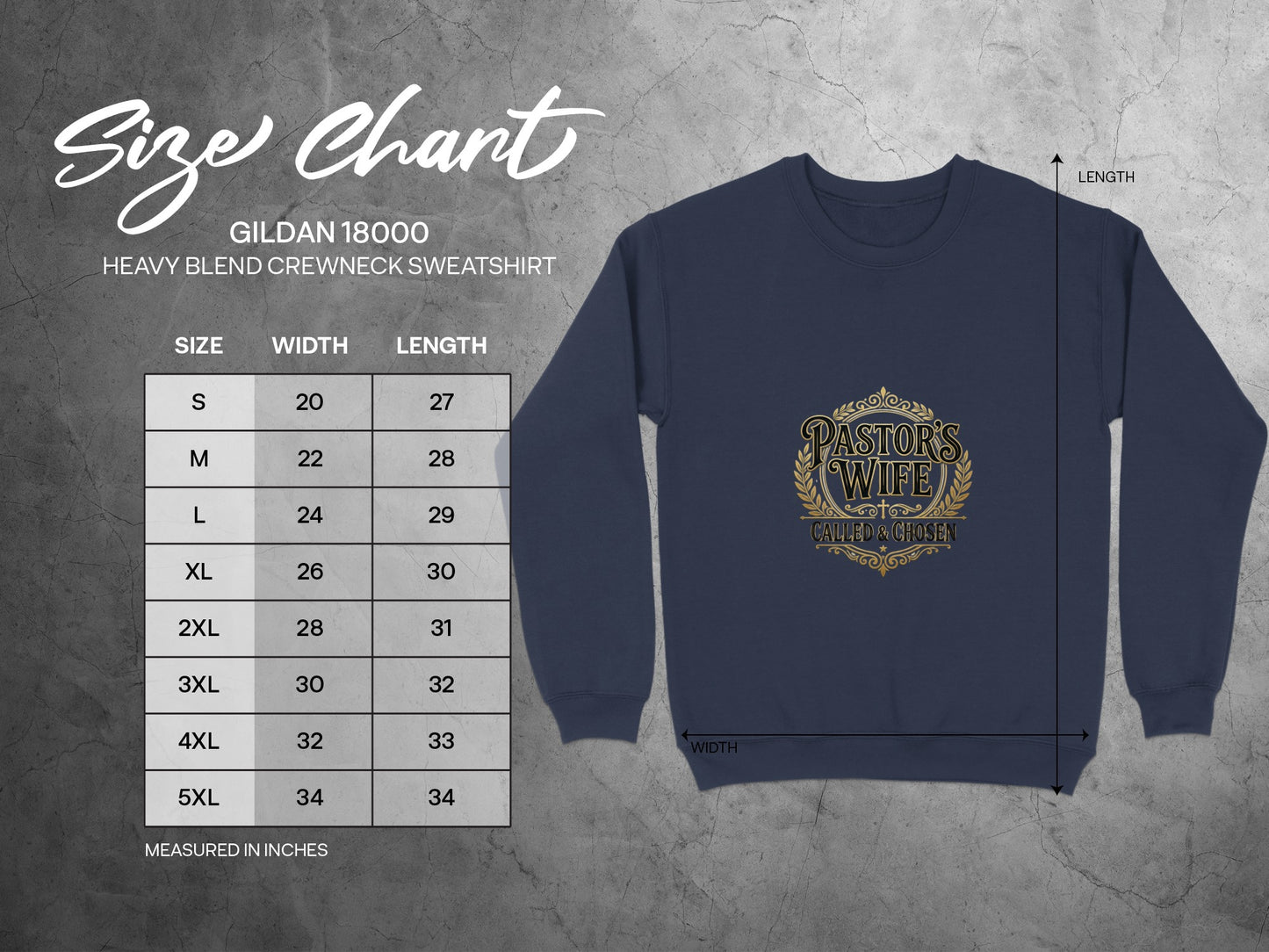 Gildan 18000 sweatshirt size chart with chest width and length measurements.
