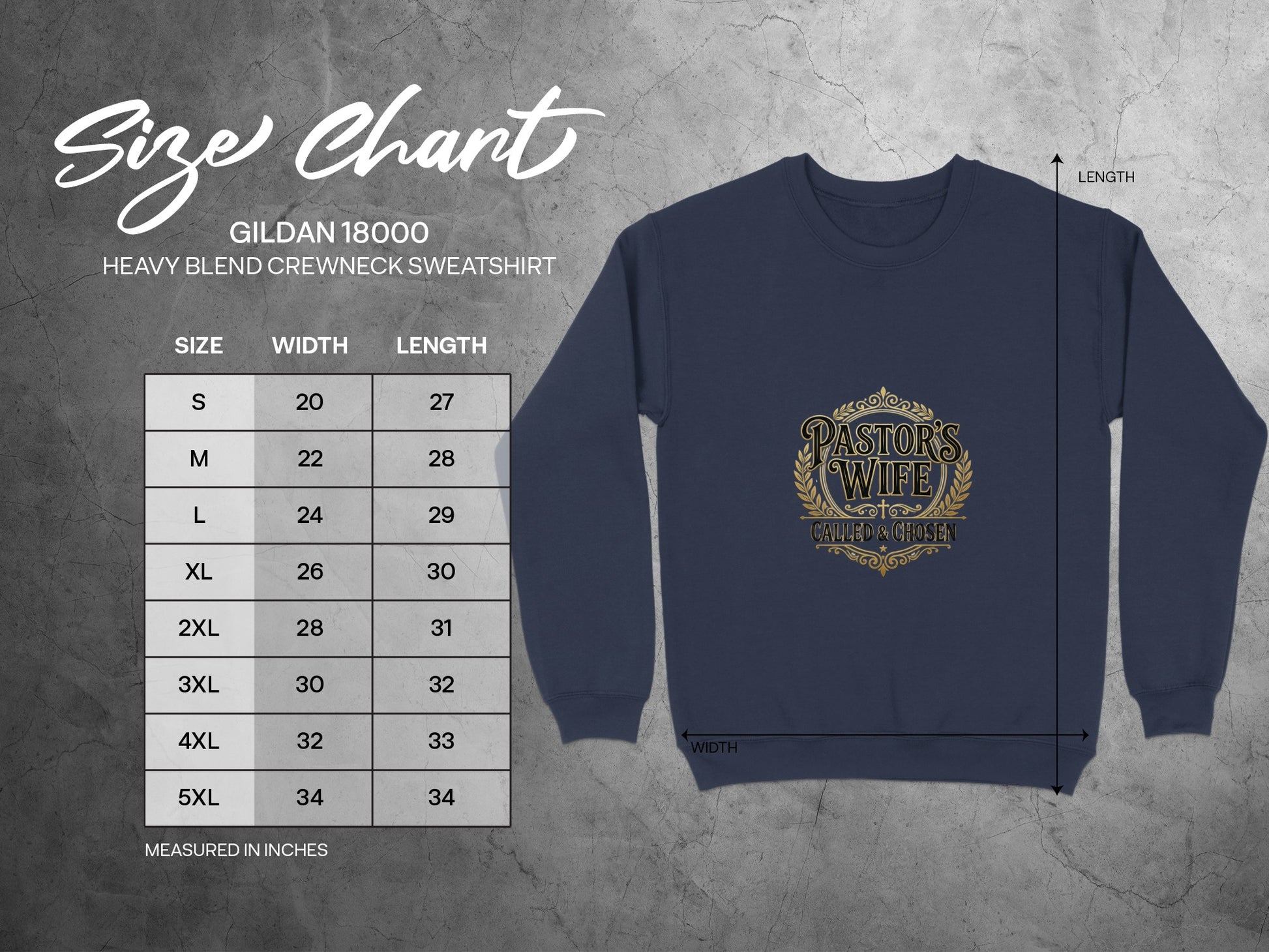 Gildan 18000 sweatshirt size chart with chest width and length measurements.