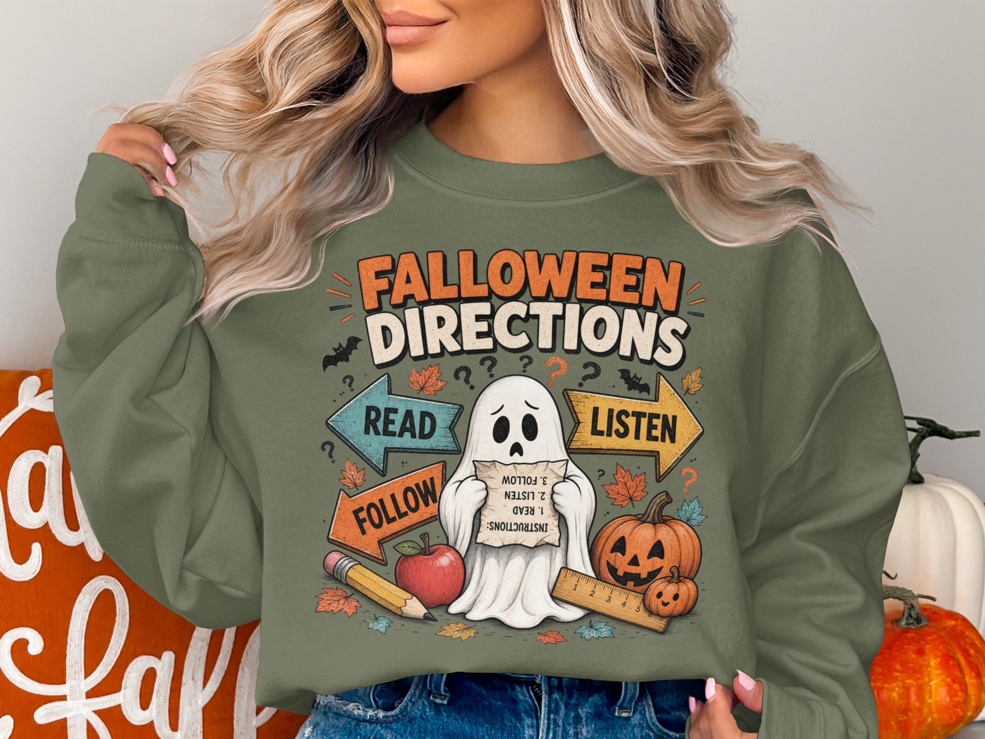 Ghost holding "Falloween Directions" with "Read, Listen, Follow" arrows.