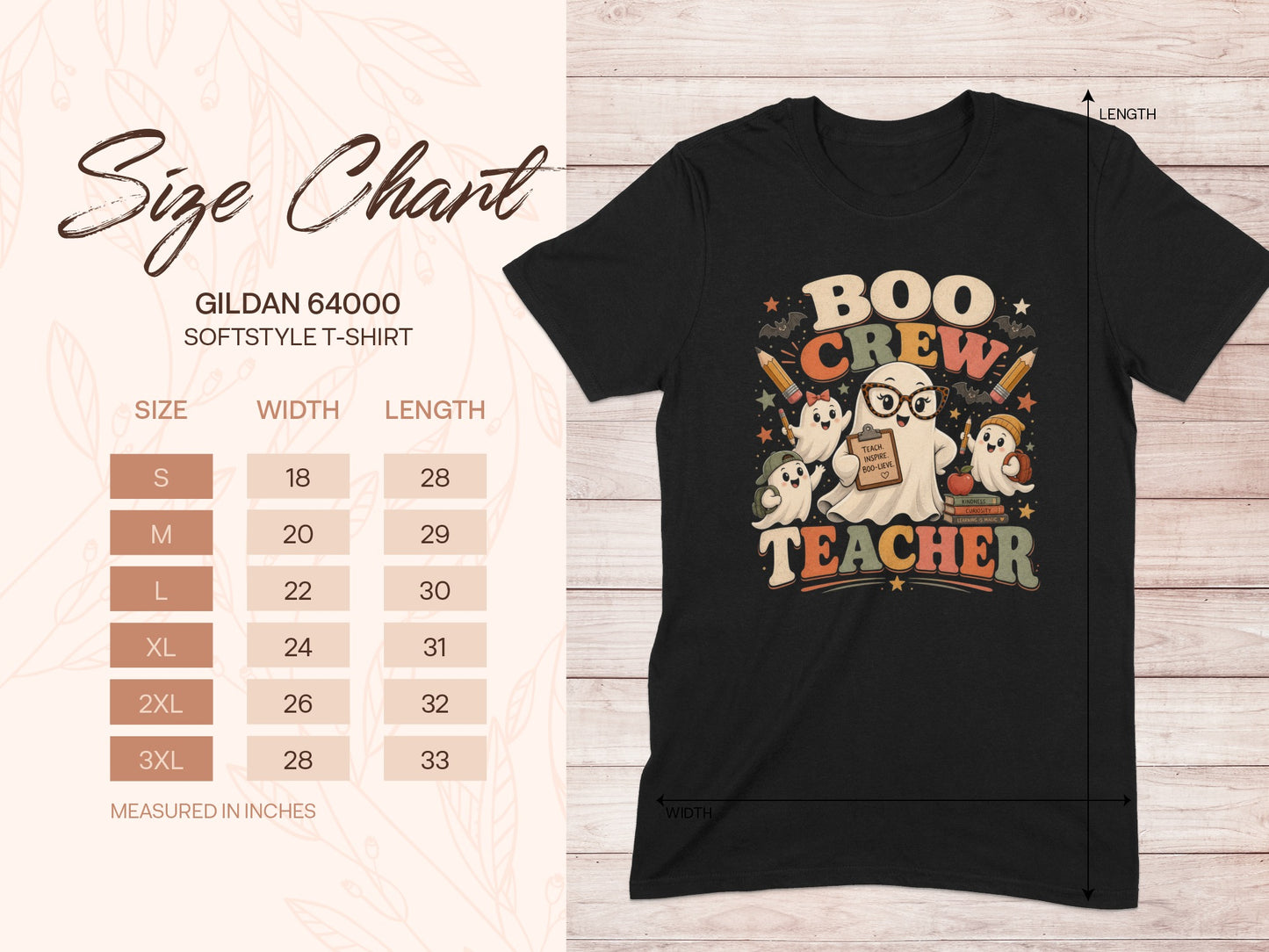 Black t-shirt with "Boo Crew Teacher" Halloween ghost graphic and a size chart.