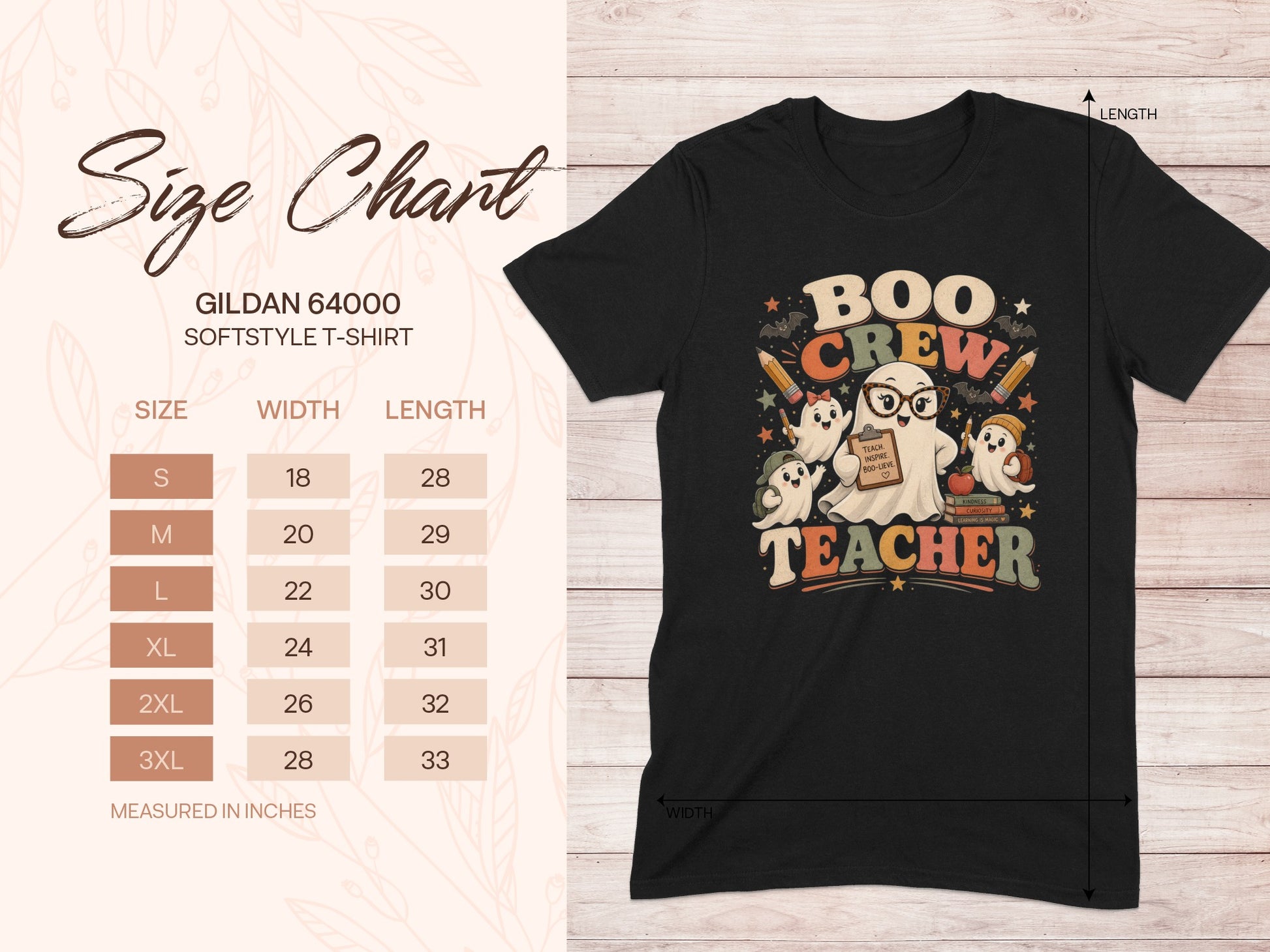 Black t-shirt with "Boo Crew Teacher" Halloween ghost graphic and a size chart.