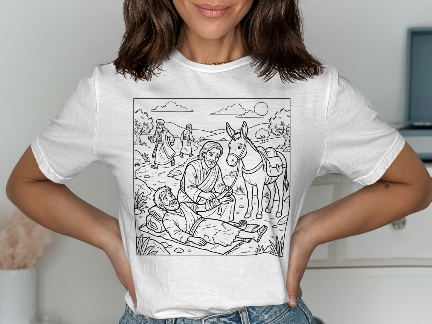 Illustration of the Good Samaritan tending to a wounded man with a donkey.