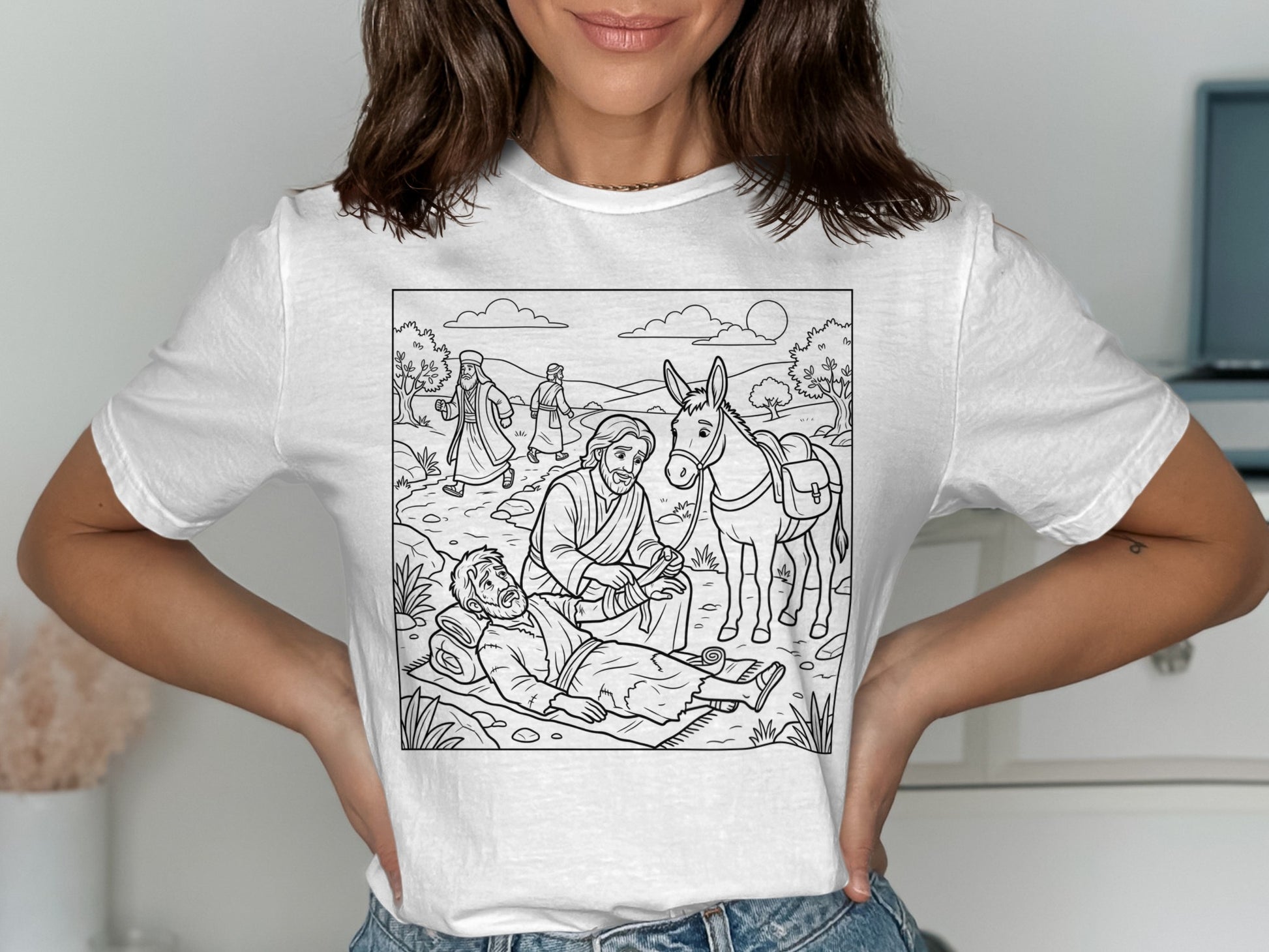 Illustration of the Good Samaritan tending to a wounded man with a donkey.