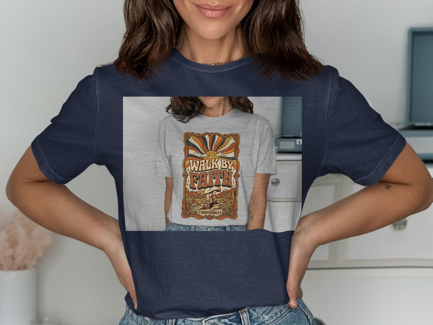 T-shirt with "Walk by Faith" text and retro sun graphic.