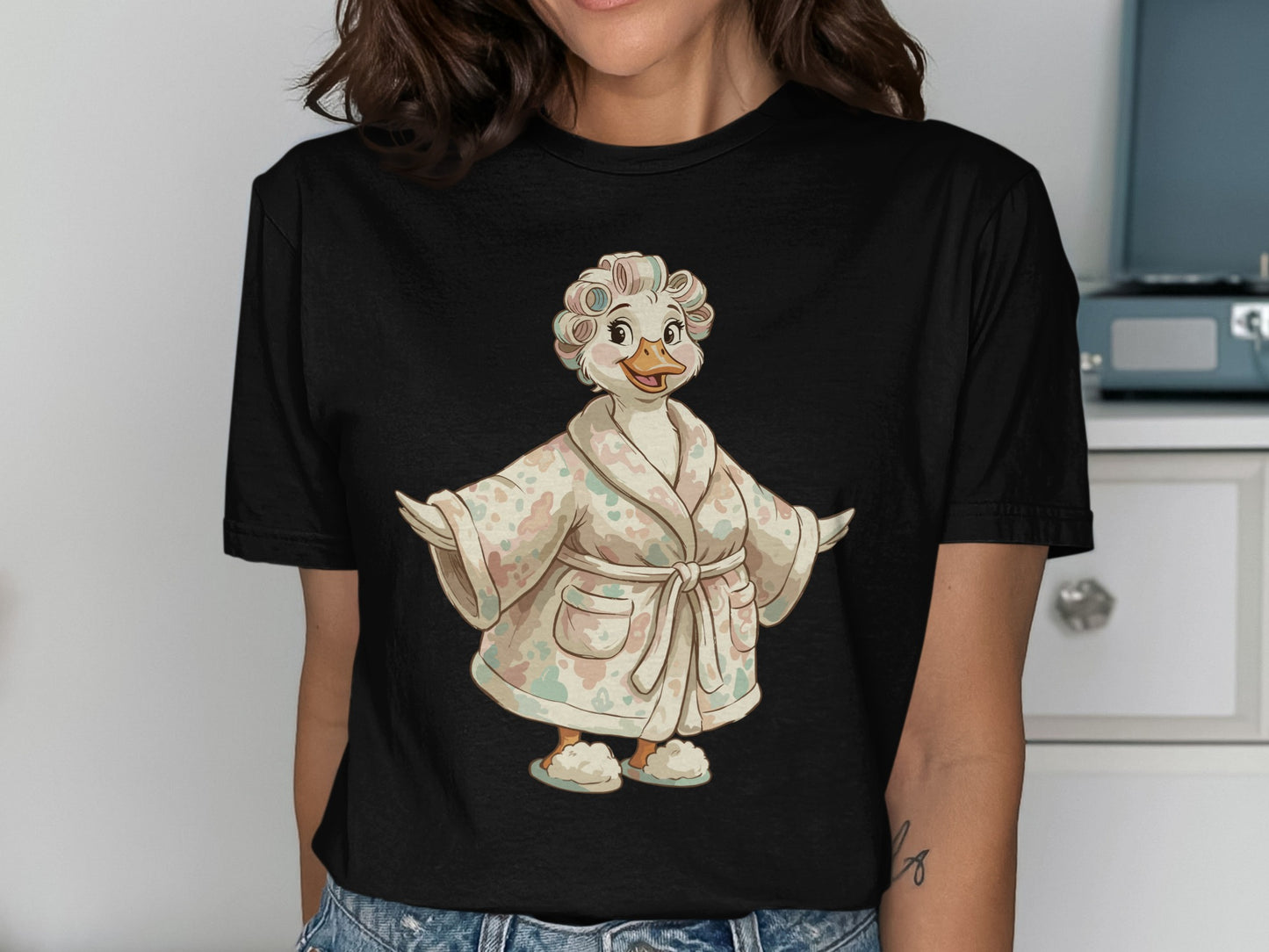 Duck wearing a bathrobe and slippers with curlers in its hair.