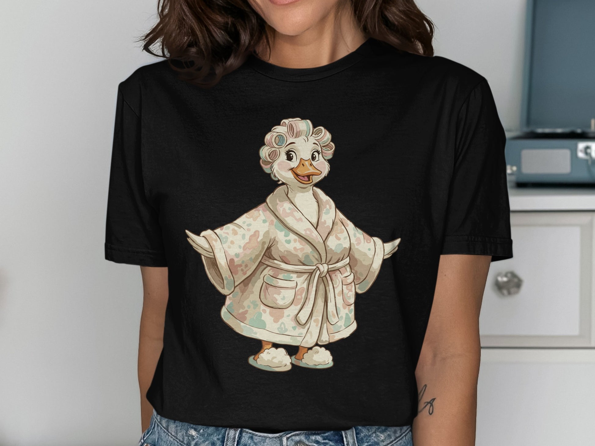 Duck wearing a bathrobe and slippers with curlers in its hair.